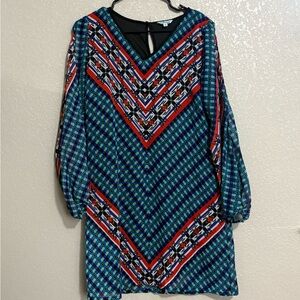 Nostalgia Blue and Red Long Sleeve Dress